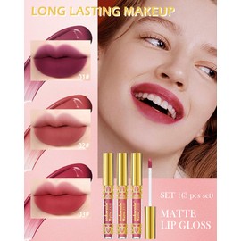 3 Pieces Liquid Velvet Lipstick Set, Pink Red Highly Pigmented Matte Lip Gloss, Waterproof Lipstick Long Lasting 24 Hours Hold, Kissproof Non-Stick Cup Lipstick Makeup Set for Women 01#