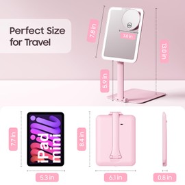 Benbilry Benbilry Foldable Travel Makeup Mirror with Lights and 20X Magnification, Rechargeable Tabletop LED Vanity Mirror with Adjustable Stand, 3-Colored Dimmable Lighting, Portable Cosmetic Mirror, Pink
