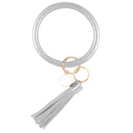 Weixiltc Large Circle Key Ring Leather Tassel Bracelet Holder Keychain Keyring For Women Girl (Sliver)