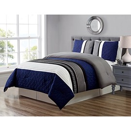 GrandLinen 3 Piece Navy Blue/Grey/Black/White Scroll Embroidery Bed in A Bag Down Alternative Comforter Set Queen Size Bedding. Perfect for Any Bed Room or Guest Room