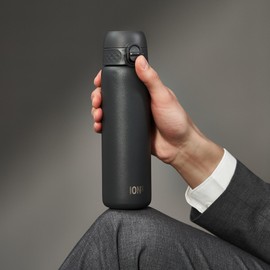 Ion8 Steel Water Bottle, 600ml, Leak Proof, One-Finger Open, Dishwasher Safe, Hygienic Flip Cover, Fits Cup Holders, Spill-free On-The-Go, Carry Handle, Durable & Scratch Resistant, Grey