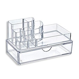 Cosmetic Organiser Set of 2 Elegant with Drawer, Transparent, 18 x 10 x 10 cm, 8 Compartments, Makeup Storage with Drawer (Elegant + Drawer)