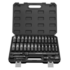 OTLOOMTBT 32PCS 1/2" Drive Impact Socket Set - Heavy Duty Industrial-Grade Deep Sockets, Metric/SAE Full Set with Extension Bar, Cr-V Steel Corrosion-Resistant Coating & Premium Storage Case