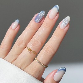 24 Pcs Medium Almond Press on Nails RIICFDD Glitter French Tips Blue Fake Nails with 3D Flower Art Design, Cute False Nails Reusable Acrylic Press ons Stick on Nails for Women