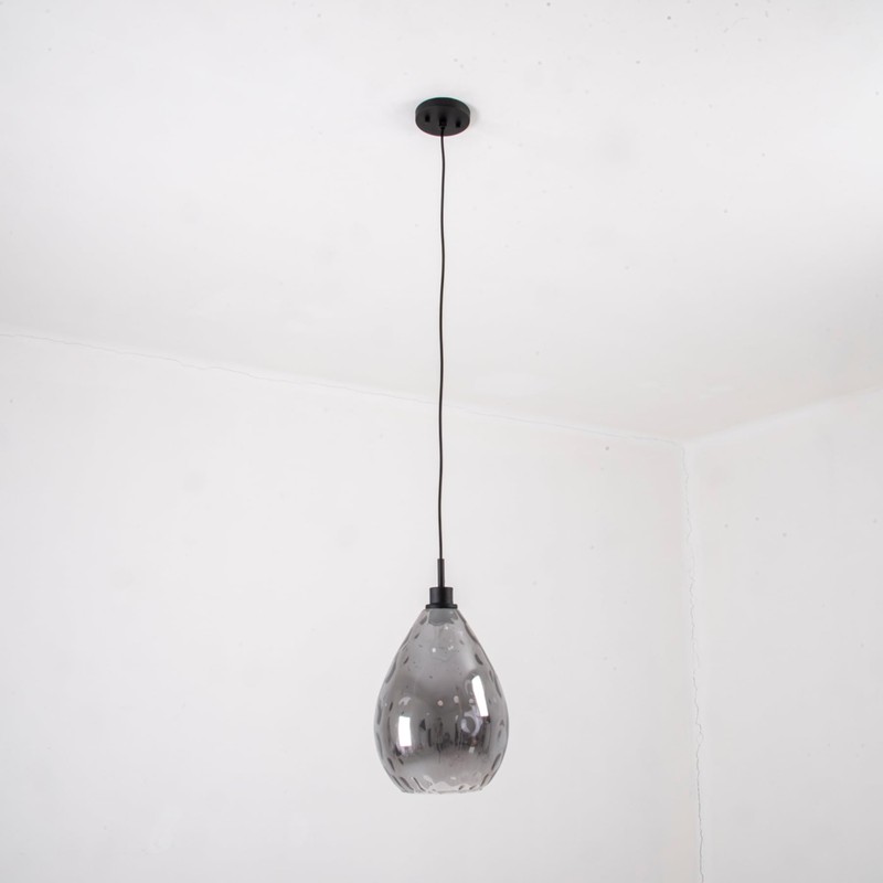 Homebelife Smoked Grey Hammered Glass Pendant Light Modern Matte Black