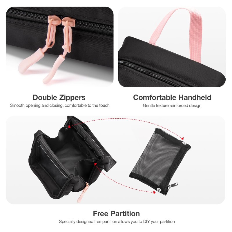 Abiudeng Stand Up Travel Makeup Bag, Small Black Waterproof Cosmetic