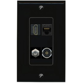 Wallplate City [4 Ports]HD and Coax Toslink + Cat6-Ethernet Wall Plate - 1 Gang [Black/Black]