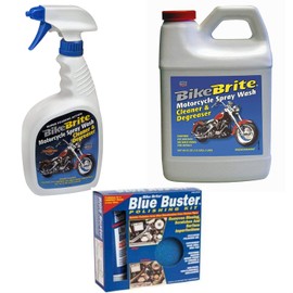 Bike Brite Blue Motorcycle Spray Wash Cleaner and Degreaser 32 fl oz, Refill Spray Wash Cleaner and Degreaser 64 fl Oz and Blue Buster Polishing Kit