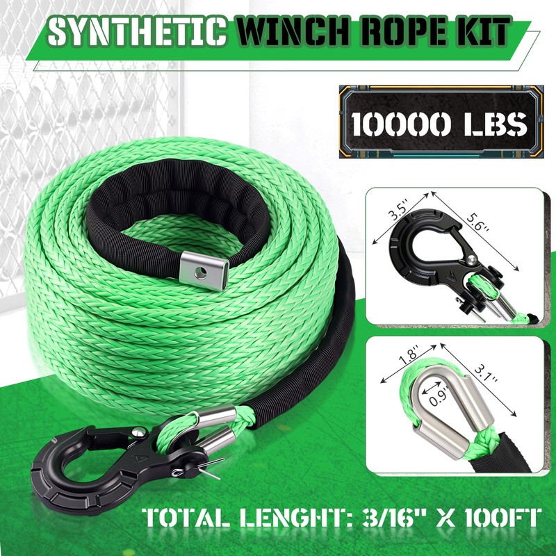 1/4" x 100 ft Synthetic Winch Rope Cable Kit, 11000lbs,