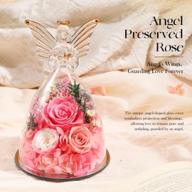 Christmas Angel Roses Gifts for Mom,Preserved Real Flowers Pink Roses in Glass Angel Figurines, Christmas Birthday Gifts for Grandma Her Women Mom Wife Mother in Law.