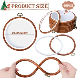 Burbell 15 Pcs 8 Inch Round Embroidery Hoops Circle Rubber Hoops Ring Display Cross Stitch Ornament Frames Imitated Wood Frame Women Christmas for Art Craft Sewing Gifts and Hanging