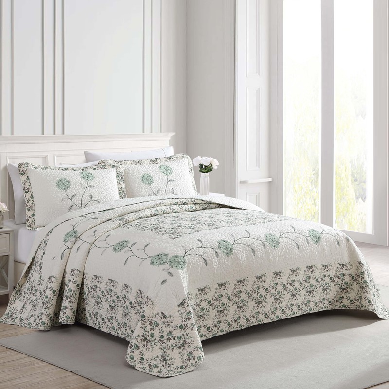 Beatrice Home Fashions Carnation Floral Embroidered Quilted Bedspread, Lightweight, All-Seasons,