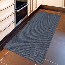 Ottomanson Scrabe Rib Collection Waterproof Non-Slip Rubberback Solid Design 2x5 Indoor/Outdoor Runner Rug, 2' x 5', Gray