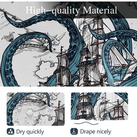 Coxila Nautical Octopus Shower Curtain Sets Fun Funny Ocean Sailboat Beach Sea Toilet Lid Cover U Shaped Bath Mat 4 Pcs Decor Bathroom Non-Slip Rug Fabric Polyester 60x72 Inch