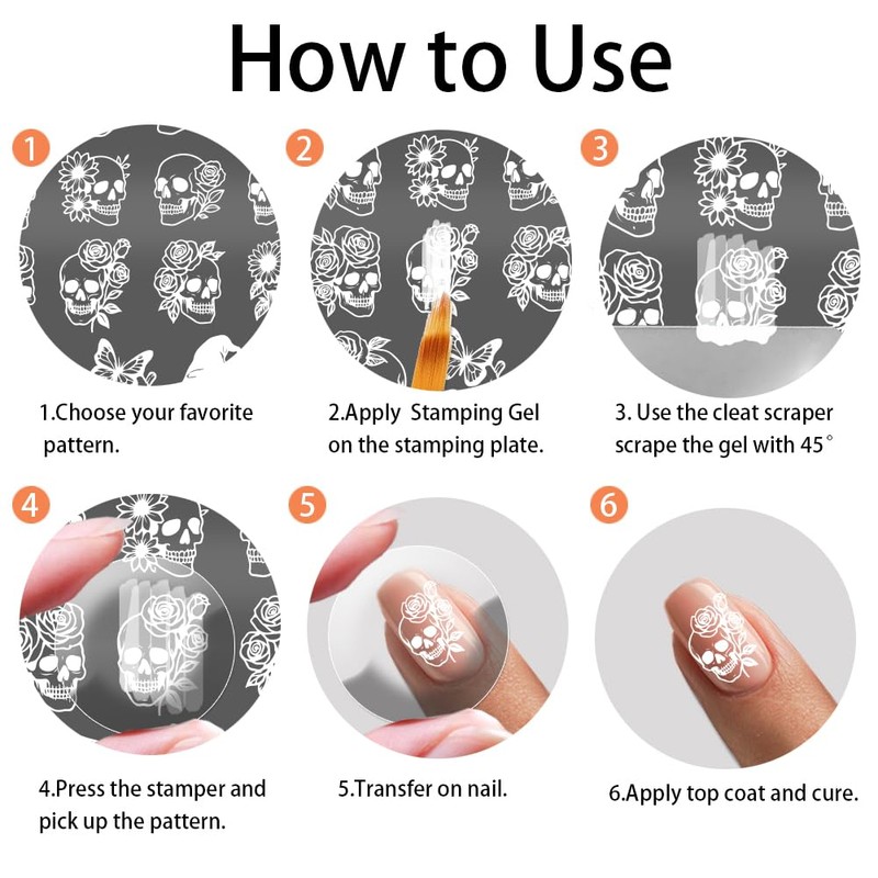 PH PandaHall 3 Pieces Nail Stamping Plate with Flower Skull