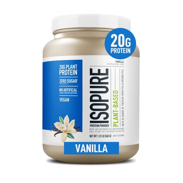 Isopure Vanilla Vegan Protein Powder, with Monk Fruit Sweetener & Amino Acids, Post Workout Recovery, Sugar Free, Plant Based, Organic Pea Protein, Dairy Free, 20 Servings (Packaging May Vary)