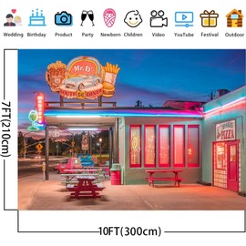 KIKIDOR 10x7ft Retro Restaurant Backdrop Route 66 Convenience Store Street Neon lights Photography Background Nostalgic 50s Vintage Car Party Decor Banner Portrait Shoot Props Studio Supplies BJOKKI48