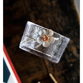 ZENATION Japanese hammered glass exquisite -set of 2 tea cups/sake cups, with tin and copper plum blossom decoration (C)