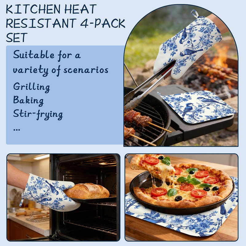 Heat Resistant Pot Holders and Oven Mitts,Retro Birds Extra Long