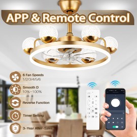 Jenvkoil 23 inch Gold Chandelier Ceiling Fan with Light, Dimmable LED Fandelier Ceiling Fans with Lights DC Motor 6 Speeds Modern Ceiling Fan for Bedroom Living Room