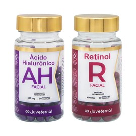 Juveternal Duo Cápsulas Faciales Retinol Cápsulas Faciales Acido Hialuronico 90 caps c/u Renovación celular Antimanchas Antiedad Hidrata Reafirma y Retexturiza la piel