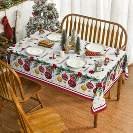 Horaldaily Christmas Tablecloth 60×104 Inch Rectangular, Christmas Ball Ornaments Pine Stars Washable Table Cover for Party Picnic Dinner Decor