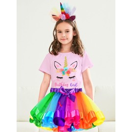 Doctor Unicorn Birthday Girls Unicorn Costume Outfit Rainbow Tutu, Unicorn T-shirt, Satin Sash, Hair Bow & Headband Rainbow/Pink Flower Shirt, 6-7 Years