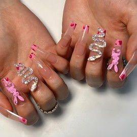 Heart Press on Nails Long Coffin Valentines Day Fake Nails, 3D Pink Rabbit Rhinestones Snake Design Gel Acrylic Nails Kit, False Nails New Year Fashion Nail Decorations 24 Pcs
