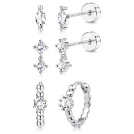 ZELORES Sterling Silver Flat Back Earrings for Women Trendy Small Hoop Huggie Earrings CZ Cartilage Stud Earrings Set White Gold Plated Tragus Helix Earrings Piercing Jewelrys(CZ Stud Hoop)