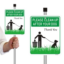 Acuxiaza 2 Pcs Clean Up After Your Dog Sign With Stakes 12 x 10 inch Aluminum Pick Up Dog Poop Signs Clean Up After Your Dog Yard Sign No Pooping Dog Sign For Outdoor Garden Lawn （Easy Install）