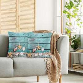 Swono Marine Throw Pillow Cases, Fishing Net Seashells Starfish Set of 2 Decorative Throw Pillow Cover Turquoise Blue Wood Square Pillow Cushion Case Home Decor for Sofa Couch Bed Car 18x18 Inch
