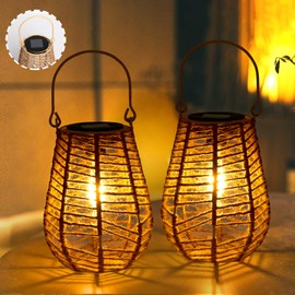 HPC Decor 2 PK Solar Lanterns - Outdoor Solar Lanterns Waterproof, Hemp Rope Solar Lights,Hanging Solar Lanterns Outdoor,Solar Lamp Lights,Decoration for Garden, Patio, Porch, Trees, Pathway,Outside.