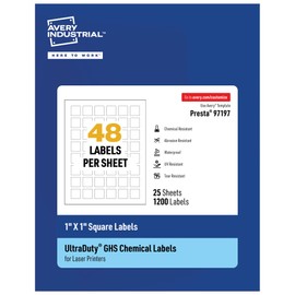 Avery UltraDuty GHS Labels, Waterproof, 1 X 1 Inch Square Labels, Pack of 1200 White Labels for Use with Laser Printers