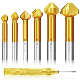 6-Piece 90° Countersink Set, HSS Countersink Set, Titanium Coating, Diameter 6.3-20.5 mm, Countersink Drill with 1 Brass, Automatic Centre Drill Punch for Carbon Steel Countersunk Drill, Insulation