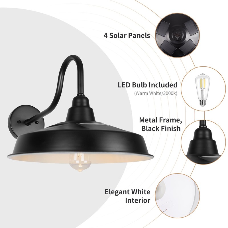 Diyel Solar Barn Light Outdoor, 16 Inch Dome Gooseneck Wall