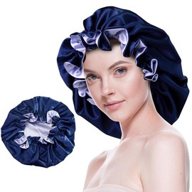 Silk Bonnet for Sleeping Satin Bonnets Double Layer Reversible Hair Cap Bonnet for Women Long Curly Braid Hair (Pink):_Navy_Medium