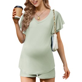 Ekouaer Maternity Pajamas Set 2 Piece Outfits Flowing Short Sleeve Postpartum Pajama for Hospital V Neck Pregnancy Clothes Sage Green Small