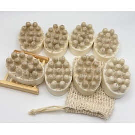 Massage Soap Bar with Textured Nodules, Set of 8, Natural White with Wooden Soap Dish and Mesh Bag