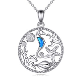 VONALA Dolphin/Seahorse Necklace 925 Sterling Silver Seahorse Pendant Opal Necklace Jewelry Gift for Women Men Boys Birthday (Seahorse)