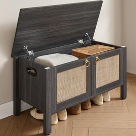 SICOTAS Shoe Rack Bench Entryway Bench with Lift Top Storage: Rattan Shoe Cabinet Bench with Safety Hinges, Farmhouse Boho Wooden Storage Toy Chest for Bedroom, Entryway, Hallway, Living Room