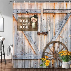 Jipusai 84 inch Extra Large Retro Barn Door Shower Curtain, Western Farmhouse Countryside Wooden Cabin Bath Curtain Sets for Bathroom,Fabric Vintage Yellow Flowers Decor Curtains with Hooks 72X84IN