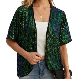 Qixing Women's Sequin Jacket Open Front Blazer Casual Short Sleeve Cardigan Coat Mermaid-M