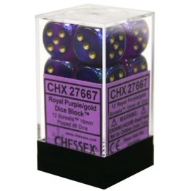 Chessex Manufacturing 27667 16 mm Borealis Royal Purple With Gold Numbers D6 Dice Set Of 12 by Chessex Manufacturing