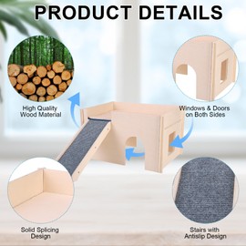 PAWCHIE Wooden Guinea Pig Hideout with Pee Pad Set, Detachable Small Animal House Bed Hut Habitats with Stairs and Windows, Bunny Hideout Castle for Indoor Hamsters Chinchilla Gerbil Playing Hiding