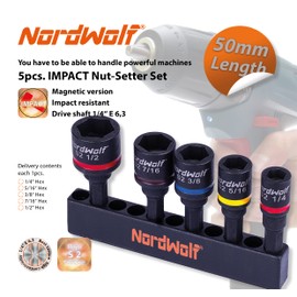 NordWolf 5-Piece SAE Nut Driver Set, Impact Magnetic Nut Setters Made From S2 Steel, Imperial Sizes 1/4"-5/16"-3/8"-7/16"-1/2"