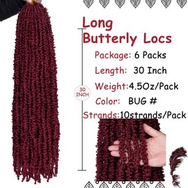 Beverlee Burgundy Butterfly Locs Crochet Hair 30 Inch Distressed Faux Locs Pre-looped BUG Goddess Locs Crochet Braids Handmade Extended Soft Locs For Women Extensions (6 Pack BUG#)