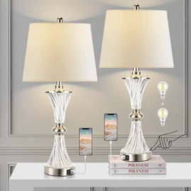 Hamucd Touch Control Table Lamp for Bedrooms 3 Way Dimmable White Drum Shade Modern Bedsides Nightstand lamp Set of 2 with 2 USB Charging Port(Bulbs Included)