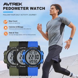 AVTREK Waterproof Pedometer Watch Step Counter for Walking No APP/Bluetooth Required Sport Fitness Tracker with LCD Large Numbers Miles Calories(Blue)