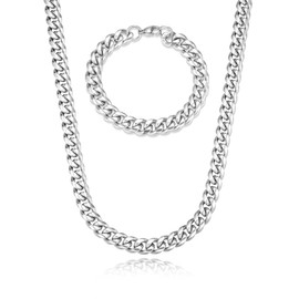 Jewow Curb Chain Stainless Steel 10 mm Wide Necklace and Bracelet Set for Men, Stainless Steel