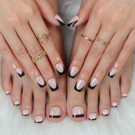 48Pcs Black French Tips Press on Toenails Pink Press on Nails Short Square Fake Nails with Designs Nude Pink Fake Toenails Full Cover Glossy Reusable Summer False Nails for Women Girls DIY Manicure